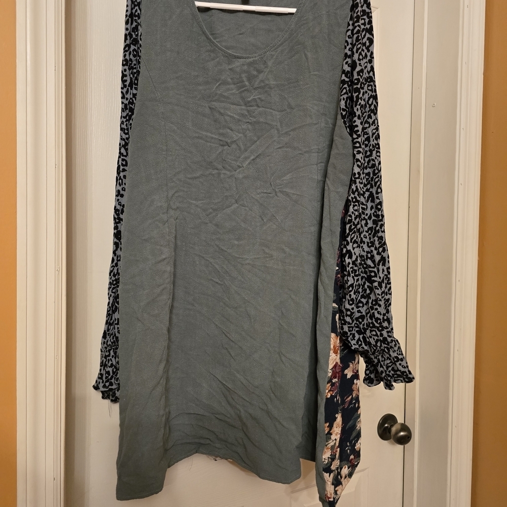 Umgee Blue Dress with Patterned Sleeves